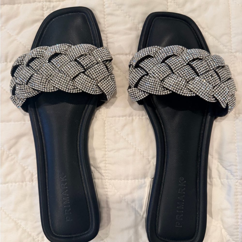 Primark Women's Black Sandals with Silver Braided Straps